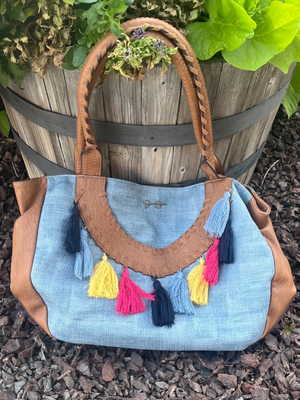 Jessica Simpson Tote Shoulder Bag Faux Leather Boho Multicolor Tassels Denim